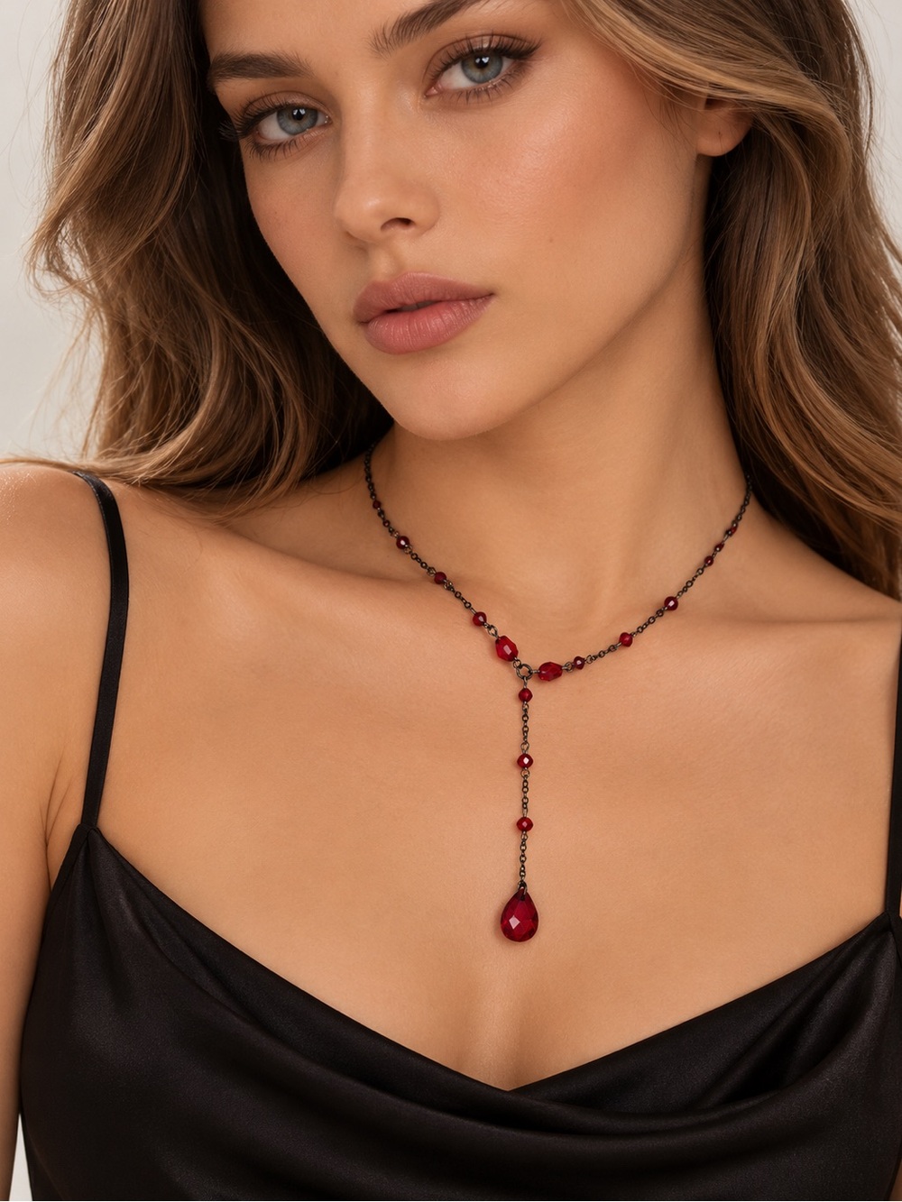 Red Teardrop Lariat Necklace - Women Jewelry